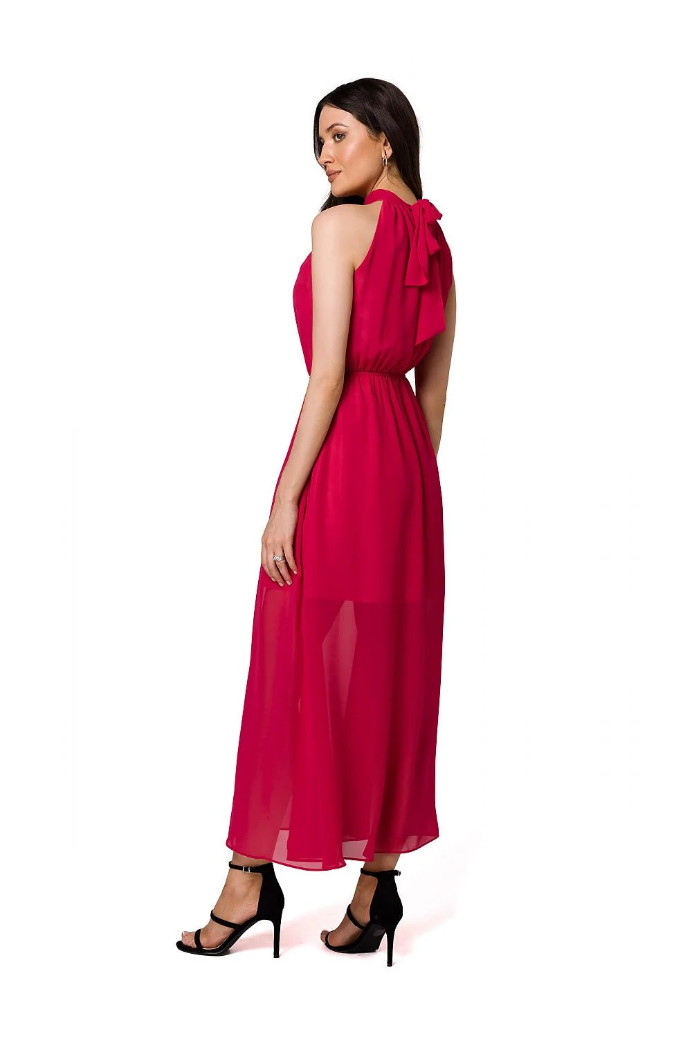 Robe de cocktail élégante longue en mousseline rouge encolure halter noeud devant taille élastiquée ceinture à nouer polyester femme