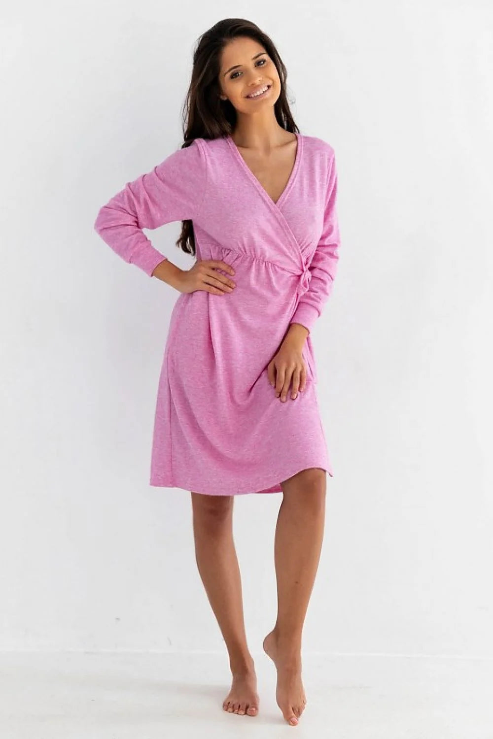 Robe de chambre féminine élégante longues manches style cache-cœur rose vif ceinture ajustable tissu doux