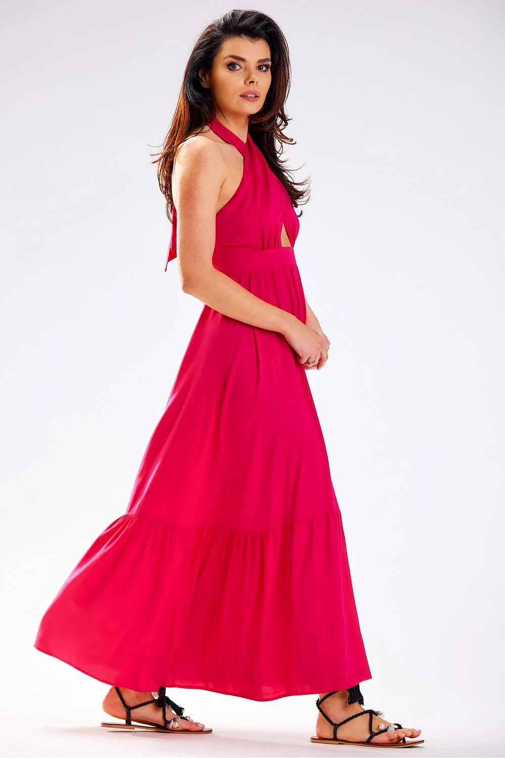Robe longue fuchsia audacieuse pour femme, style élégant, sans manches, dos ouvert, tissu fluide, occasion estivale