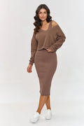 Makadamia femme ensemble velours côtelé brun taupe sweat oversize asymétrique encolureV bretelle dégagée jupe crayon mimollet taille ajustée confortable chic