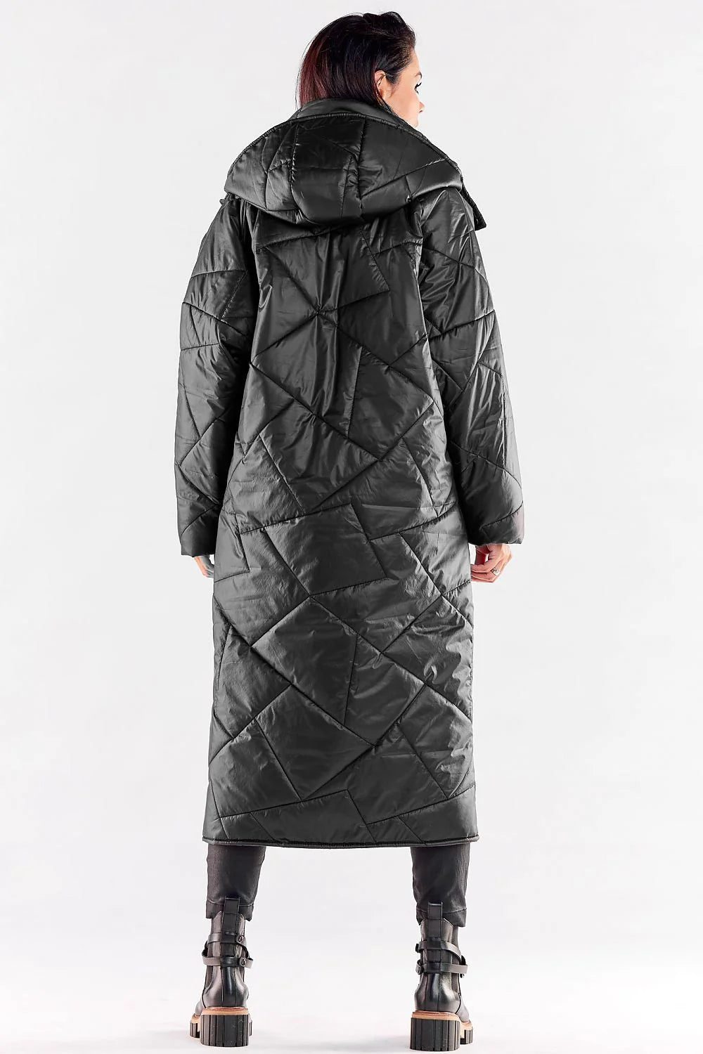 Manteau long oversize pour femme, rouge vif, nylon brillant, col montant, boutons-pression, poches latérales, isolé, tendance automne-hiver