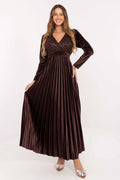 robe soirée plissée velours chocolat maxi scintillante paillettes cache coeur décolleté V manches longues taille empire laçage dos bonnets rembourrés