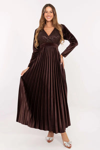 robe soirée plissée velours chocolat maxi scintillante paillettes cache coeur décolleté V manches longues taille empire laçage dos bonnets rembourrés