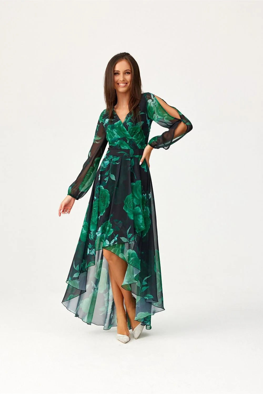 Robe de jour Roco Fashion asymétrique longue manches longues décolleté V croisé motifs floraux verts sur fond noir taille ajustable femme