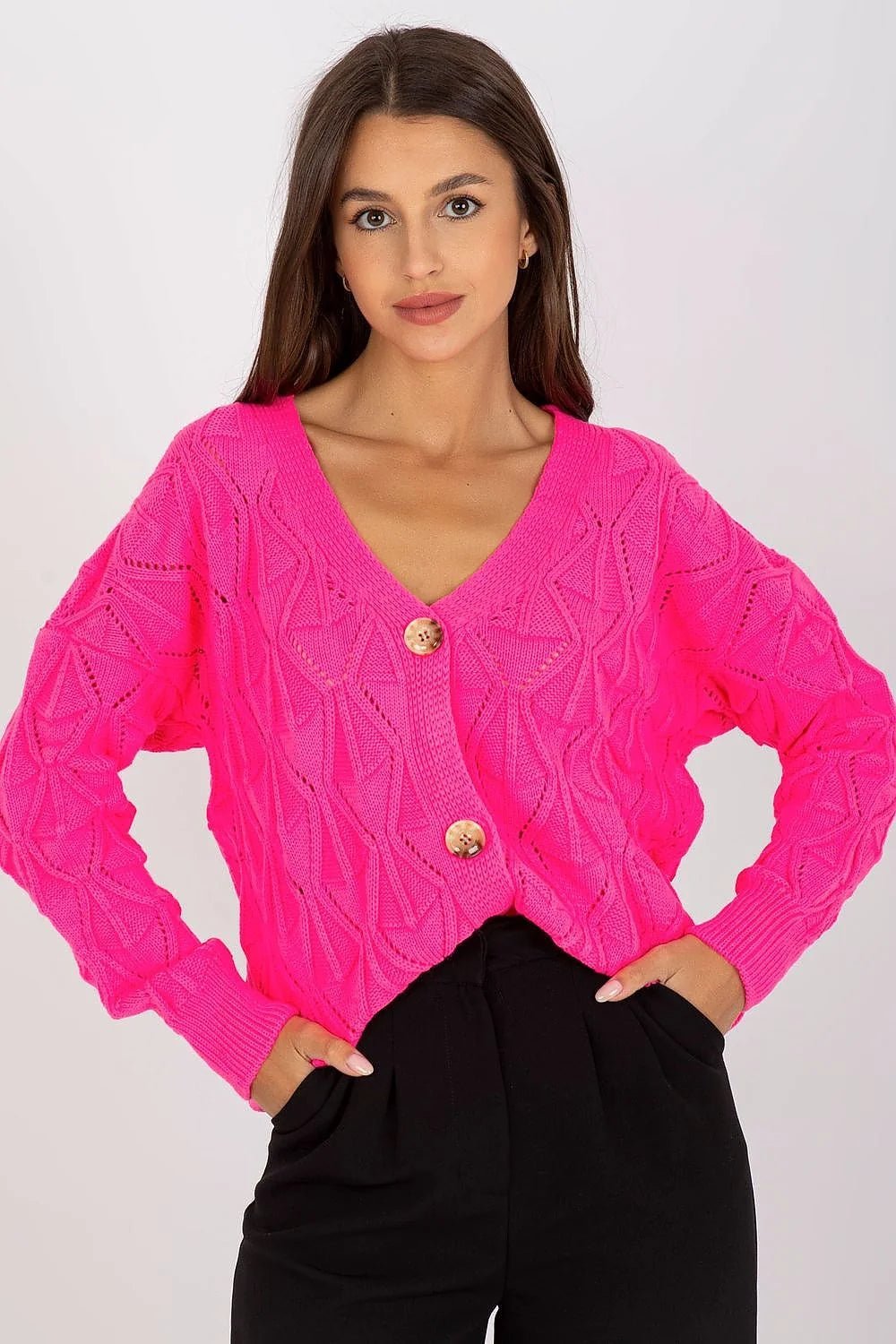 Cardigan Rue Paris rose vif motif maille ajouré manches longues encolure en V boutons beige