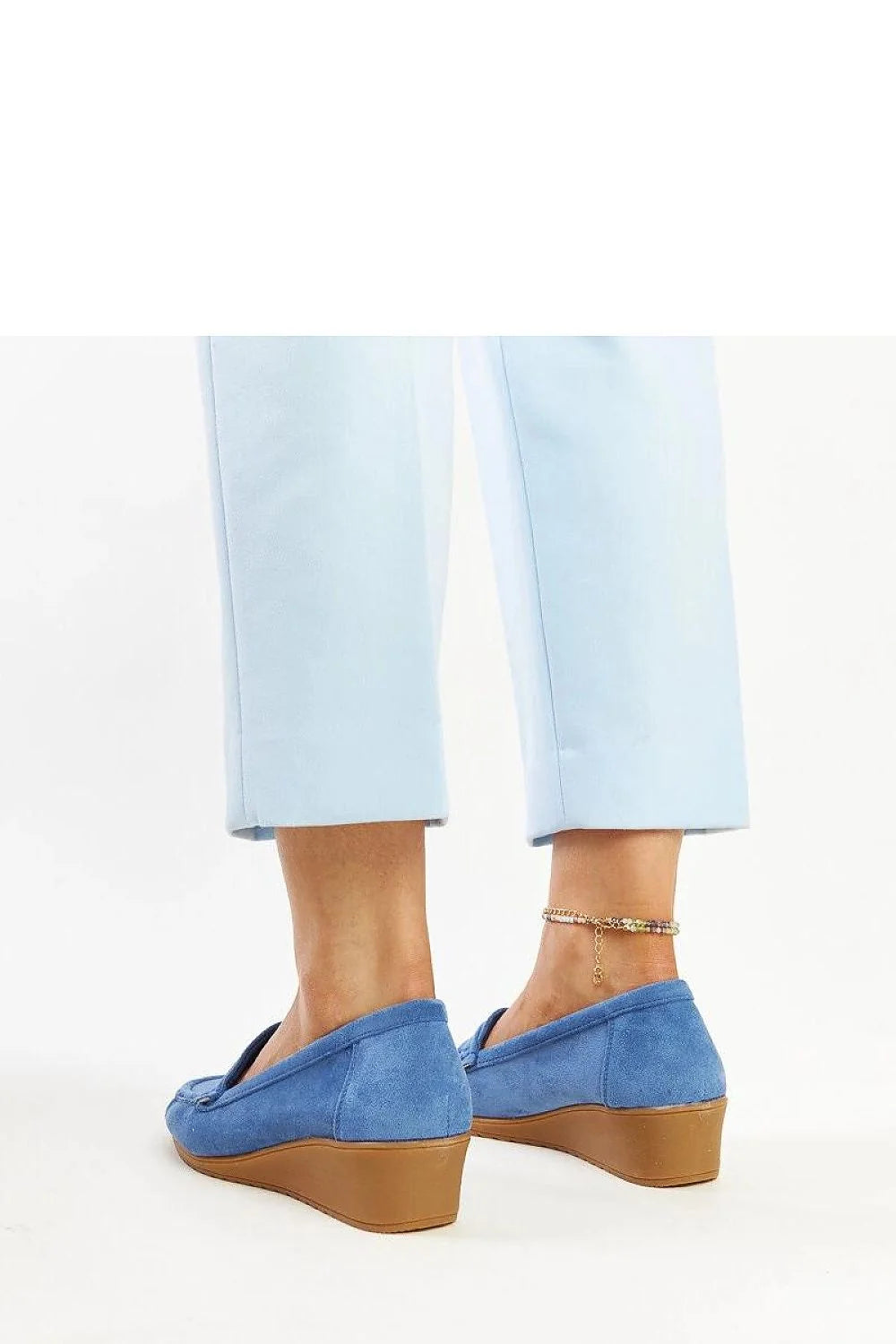 mocassins femme suède bleu roi talon compensé moyen semelle gomme marron crantée slipon penny loafer surpiqûres apparentes confort