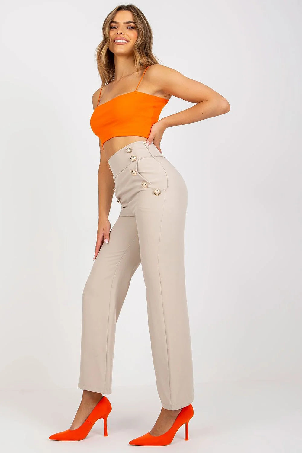 pantalon femme taille haute évasé long beige sable double rangée boutons dorés marin structuré extensible polyester élasthanne cintré sophistiqué