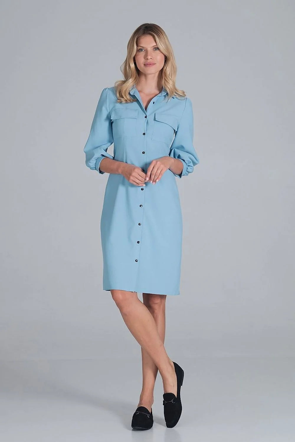 robe chemise midi beige polyester coupe semi ajustée col revers manches troisquarts bouffantes poignets boutonnés poches poitrine boutons noirs