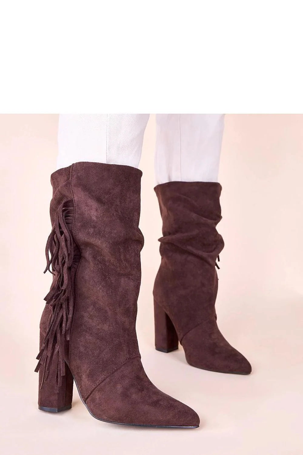 bottines femme daim marron chocolat mi mollet bout pointu talon bloc haut franges latérales western bohème chic confortable