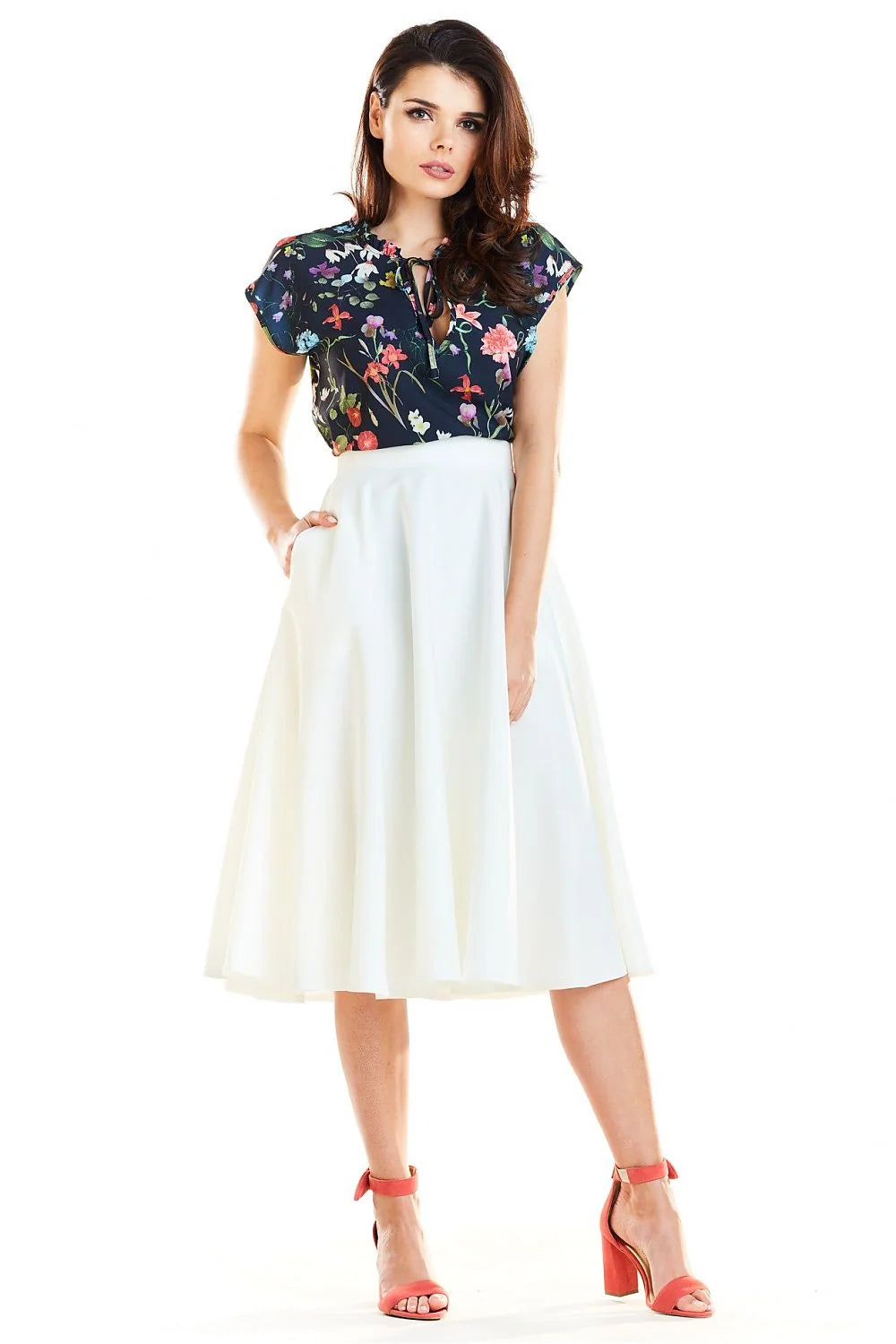 Jupe évasée en tissu fluide blanc chic féminin polyvalent imprimé floral mode printemps femmes élégantes