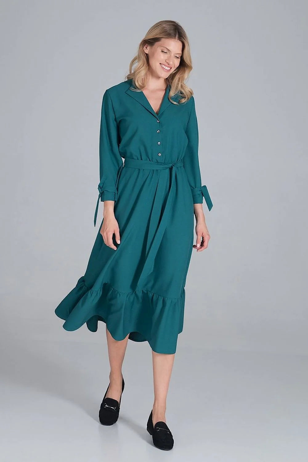 Robe élégante en polyester bleu ciel, style décontracté chic, manches longues, ceinture pour femme