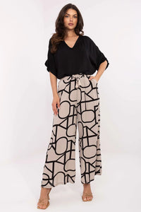 ensemble femme deux pièces fluide blouse oversize col V manches kimono pantalon palazzo taillehaute élastique cordon pompons graphique beige noir