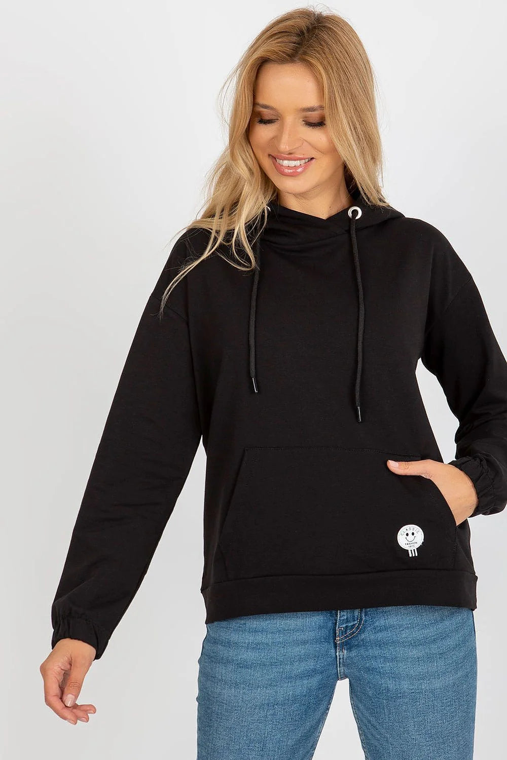 Sweatshirt Relevance hoodie femme capuche coton doux couleur noire style casual manches longues poche kangourou