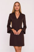 robe blazer femme marron chocolat mini droite col V plongeant asymétrique croisé manches trompette tissu structuré