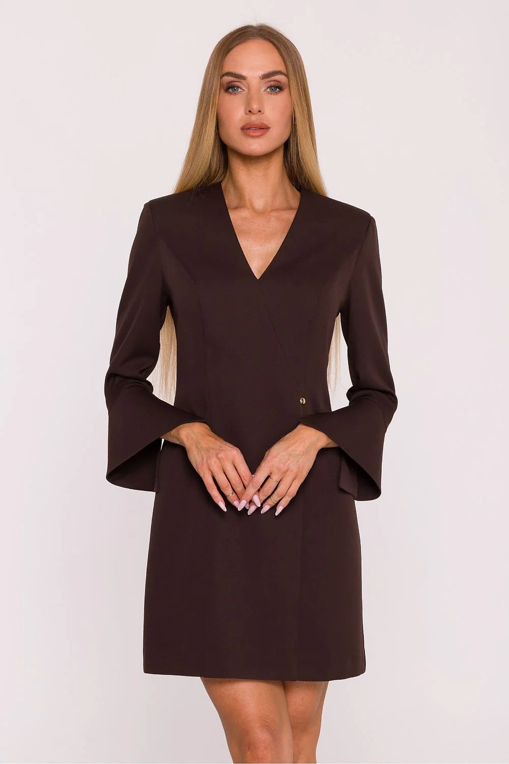 robe blazer femme marron chocolat mini droite col V plongeant asymétrique croisé manches trompette tissu structuré