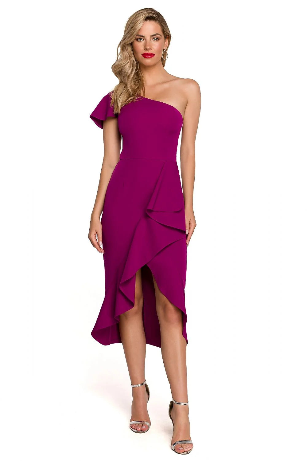 Robe de cocktail Makover asymétrique une épaule magenta vibrant polyester elasthanne taille ajustable femme