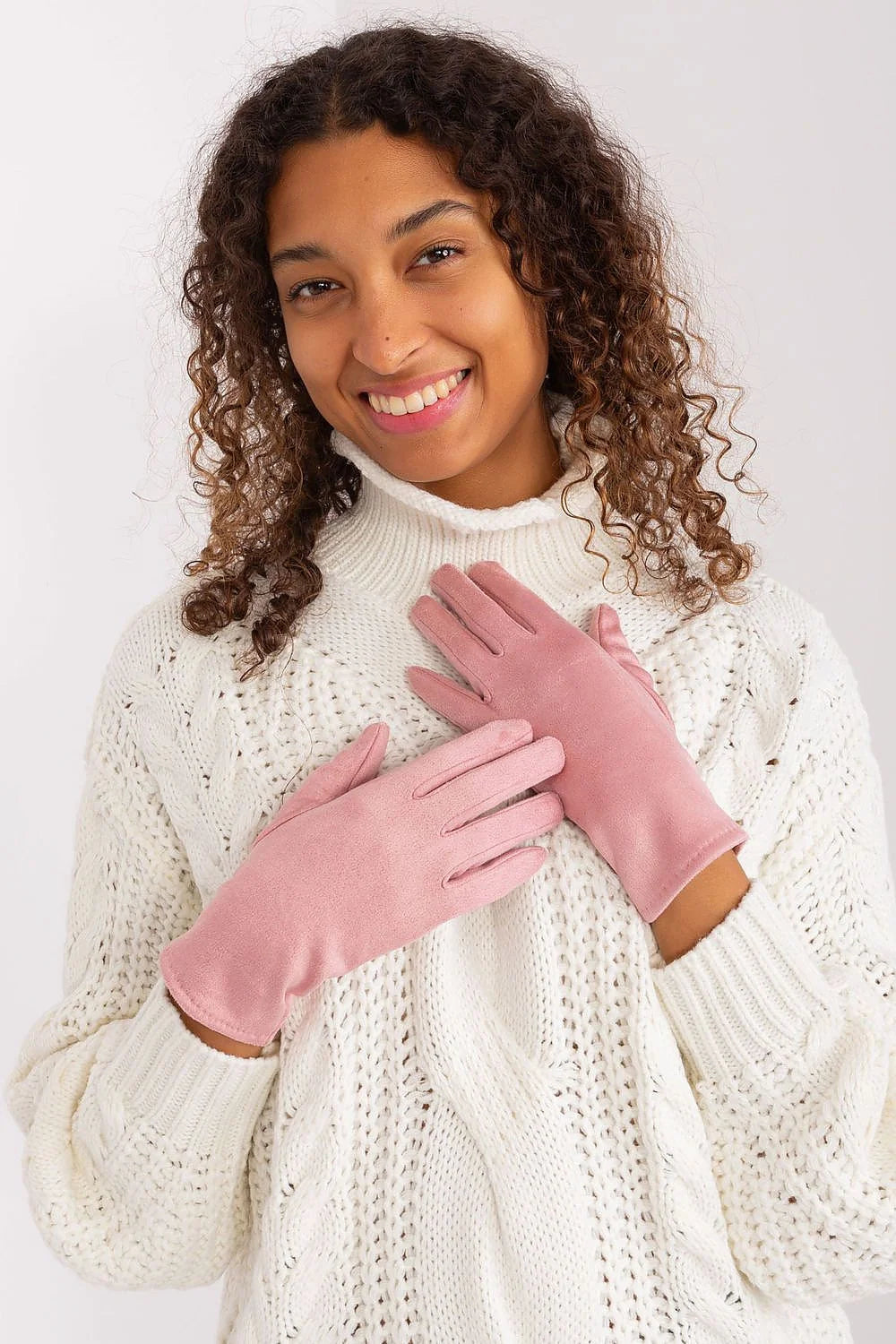 Gants élégants pour femmes tissu lisse isolant fleur brodée index manches longues rose poudré