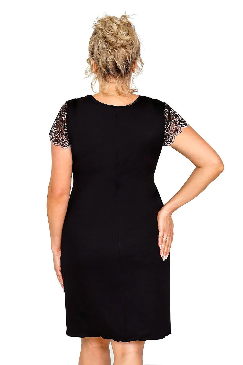 Chemise de nuit élégante pour femme en dentelle noire manches courtes décolleté en V coupe empire taille ajustable