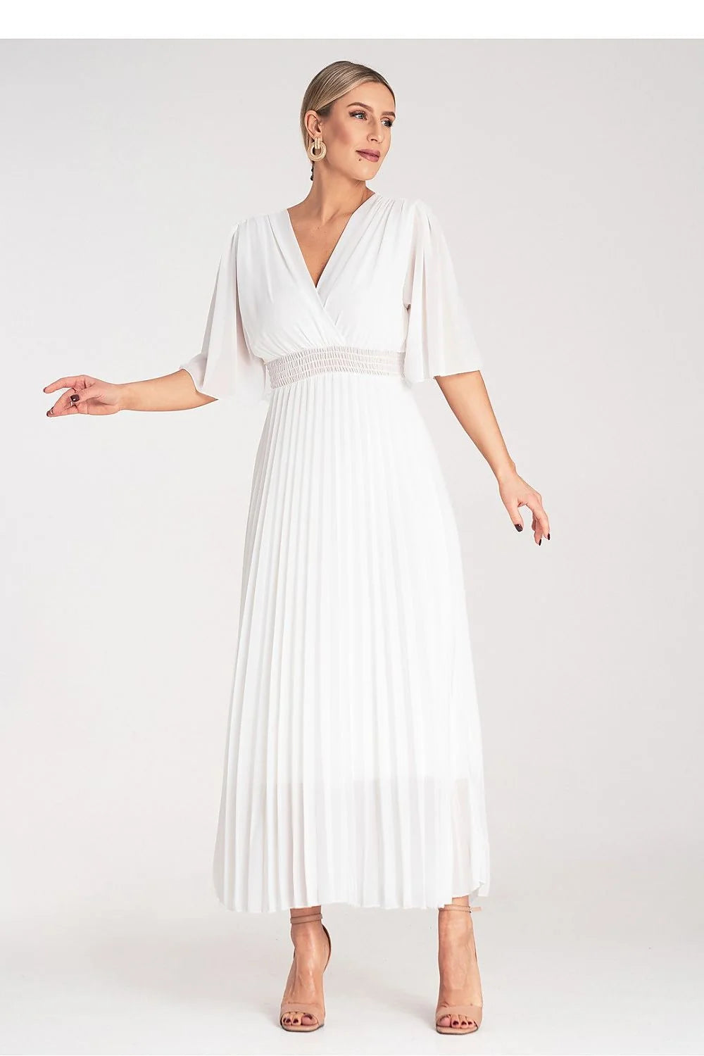 robe longue blanche col V croisé manches ballon mi longues taille smockée jupe plissée chiffon léger fluide élégante