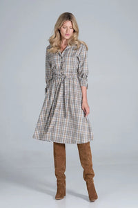 Robe chemise viscose décontractée à carreaux manches longues ceinture ajustable élégante pour femme automne