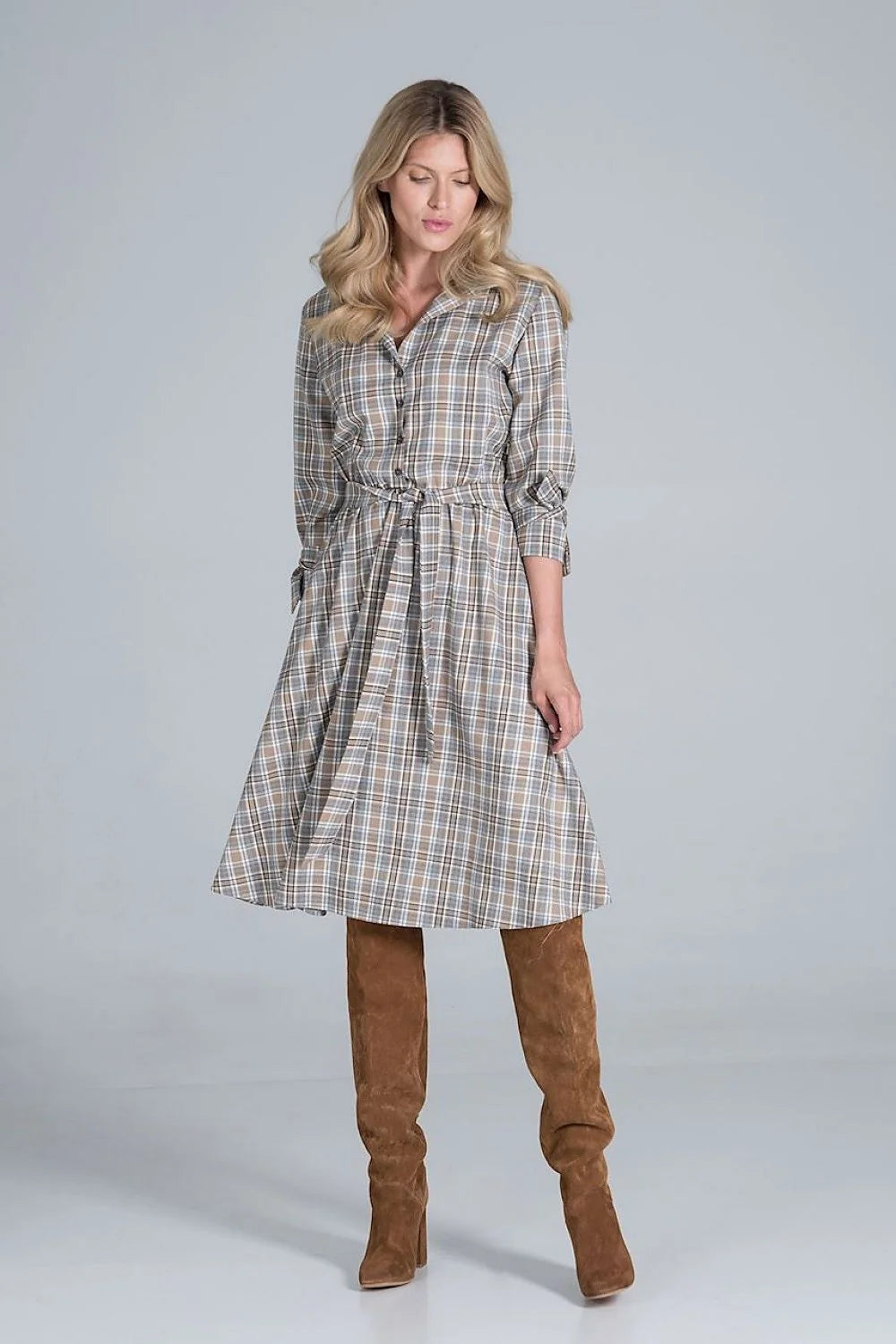 Robe chemise viscose décontractée à carreaux manches longues ceinture ajustable élégante pour femme automne