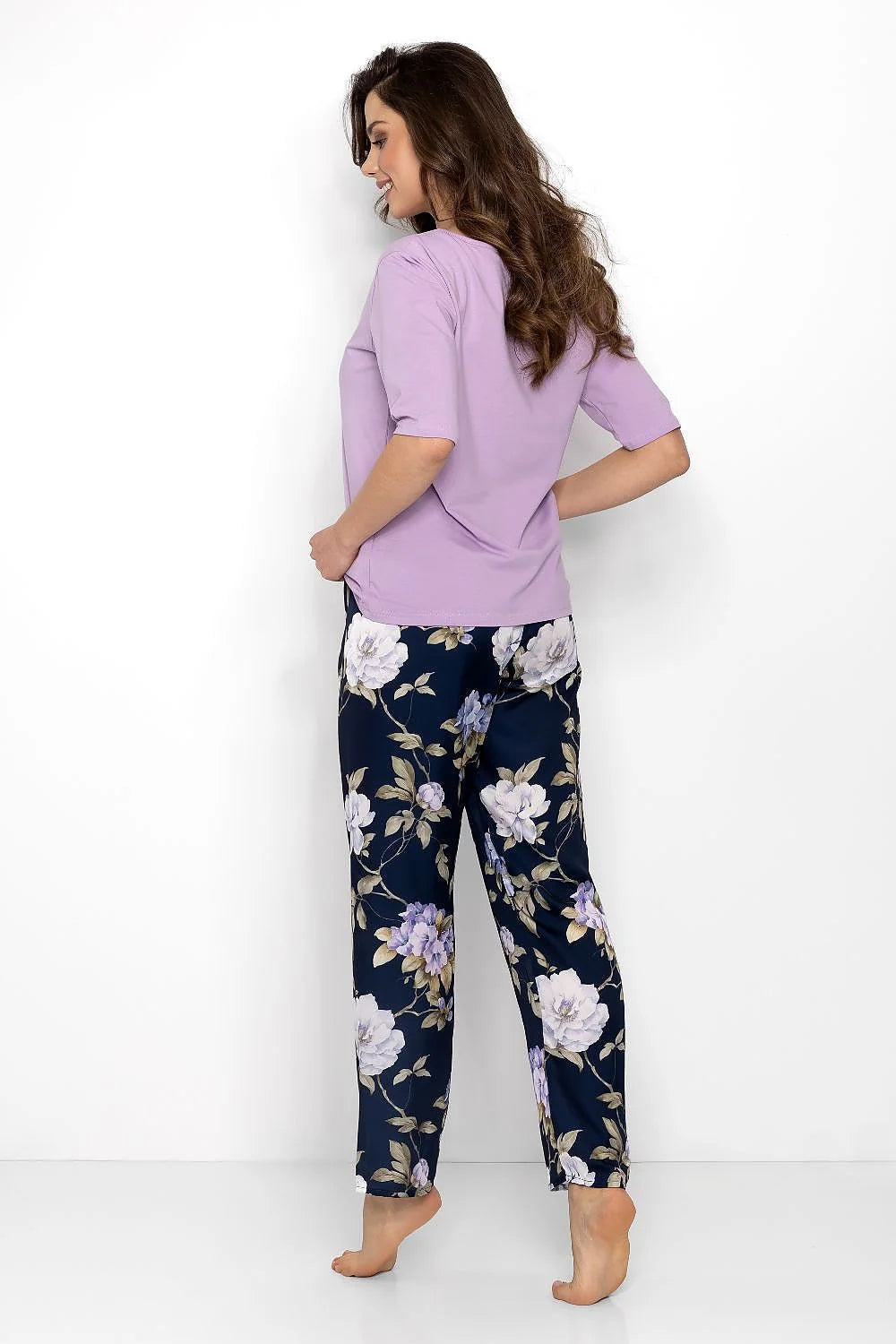 Pyjama pour femme décontracté élégant motifs floraux couleur lavande manches mi-longues coupe ample pantalon large