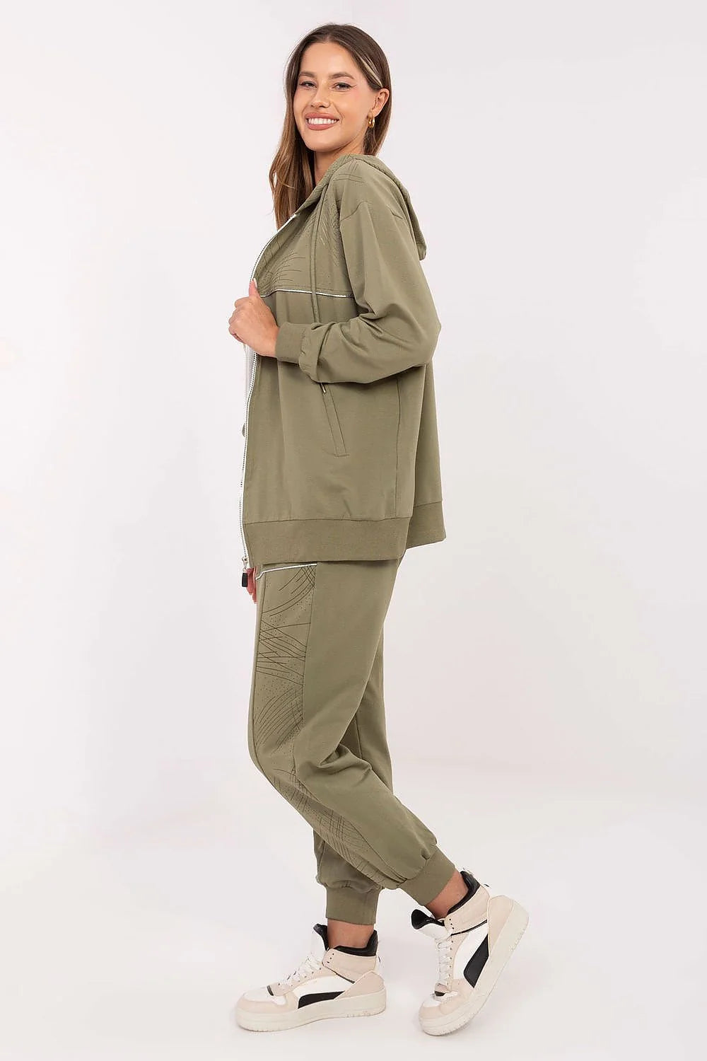 ensemble survêtement femme sweat zippé capuche pantalon jogger kaki coton élasthanne stretch taille haute cordon noué poches latérales