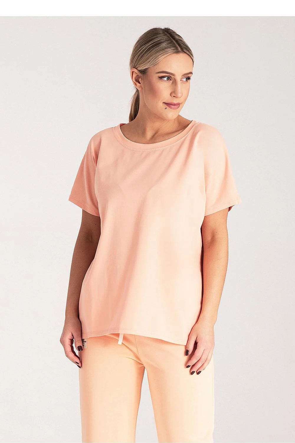 T-shirt femme ample manches courtes col rond coton élasthanne rose pêche