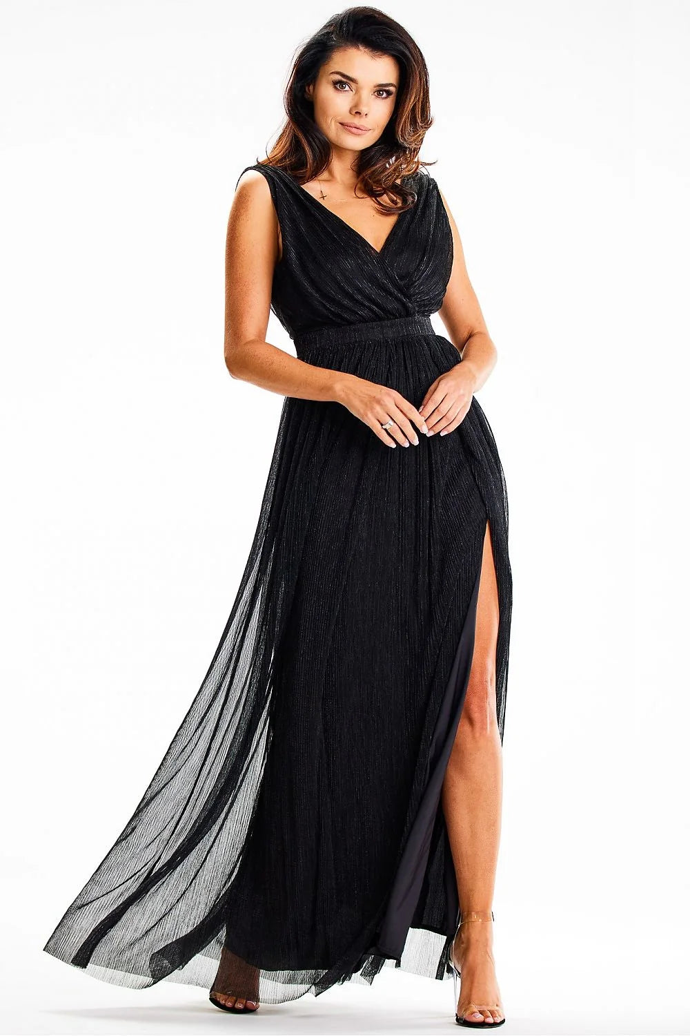 Robe de soirée élégante longue sans manches décolleté dos nu fente haute maille brillante noire taille ajustable femme