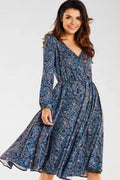 robe midi soie imprimée paisley bleu marine col V manches longues bouffantes taille froncée ceinture intégrée