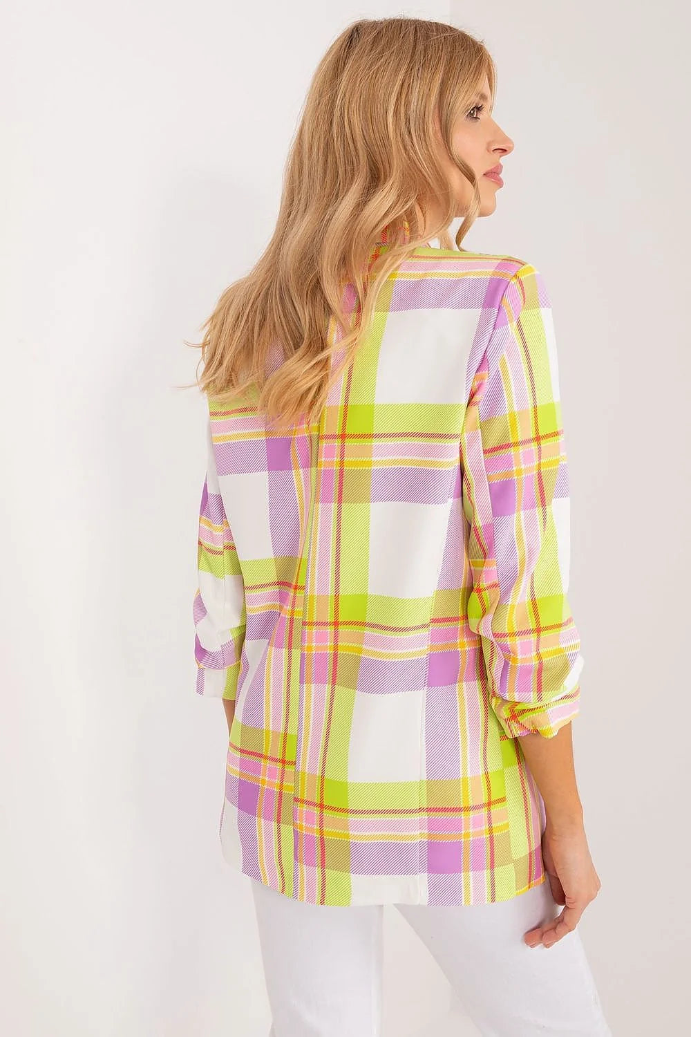 Veste femme style décontracté élégant printemps été motif carreaux coloré coupe droite manches longues poches à rabat