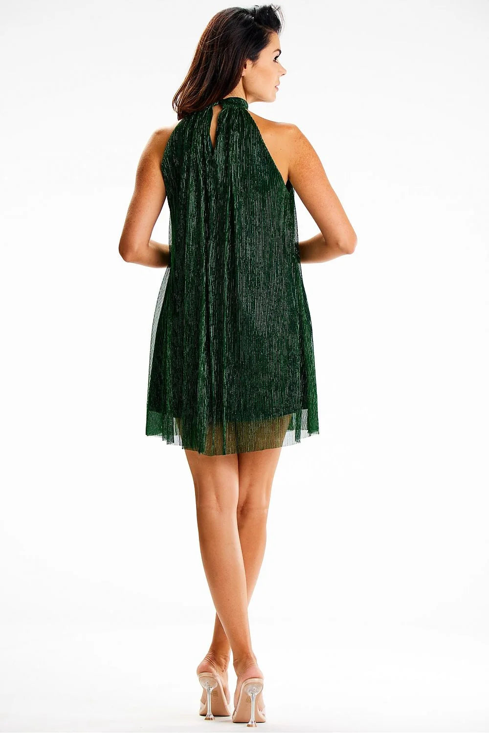 Robe de soirée élégante mini col montant maille brillante vert profond sans manches femme
