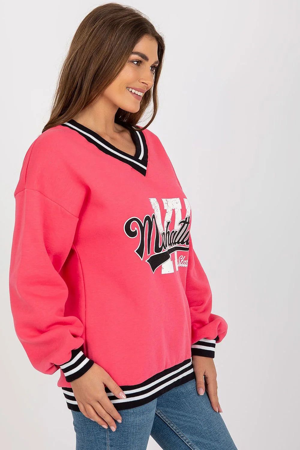 sweatshirt femme mode confortable décontracté coton polyester isolant manches longues col V imprimé accent bordcotes contrastant longueur standard polyvalent quotidien