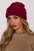 bonnet beanie femme chaud bordeaux cerise grosse maille côtelée revers large coupe slouchy tricot chunky doux acrylique nylon