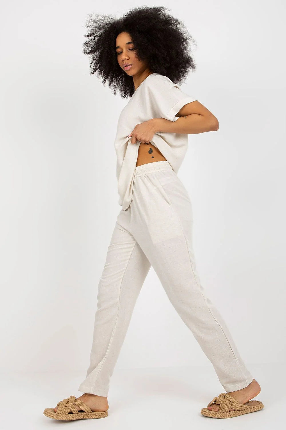 Ensemble Rue Paris été élégant décontracté femmes crème coton lin viscose manches courtes encolure ronde pantalon droit