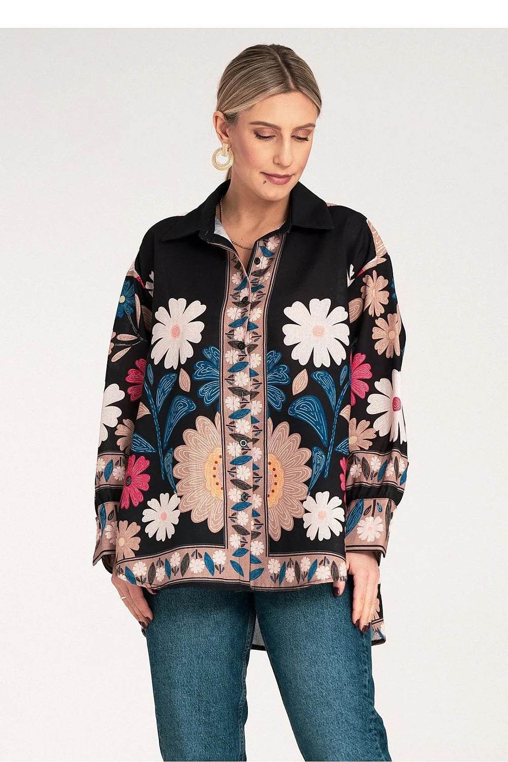 Chemise longue manches longues motif floral coloré femme polyester 100% coupe ample col classique