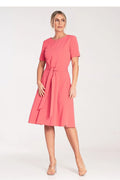 Robe de jour Figl élégante en polyester-viscose, manches courtes, ceinture à nouer, couleur corail, occasion多种, femme