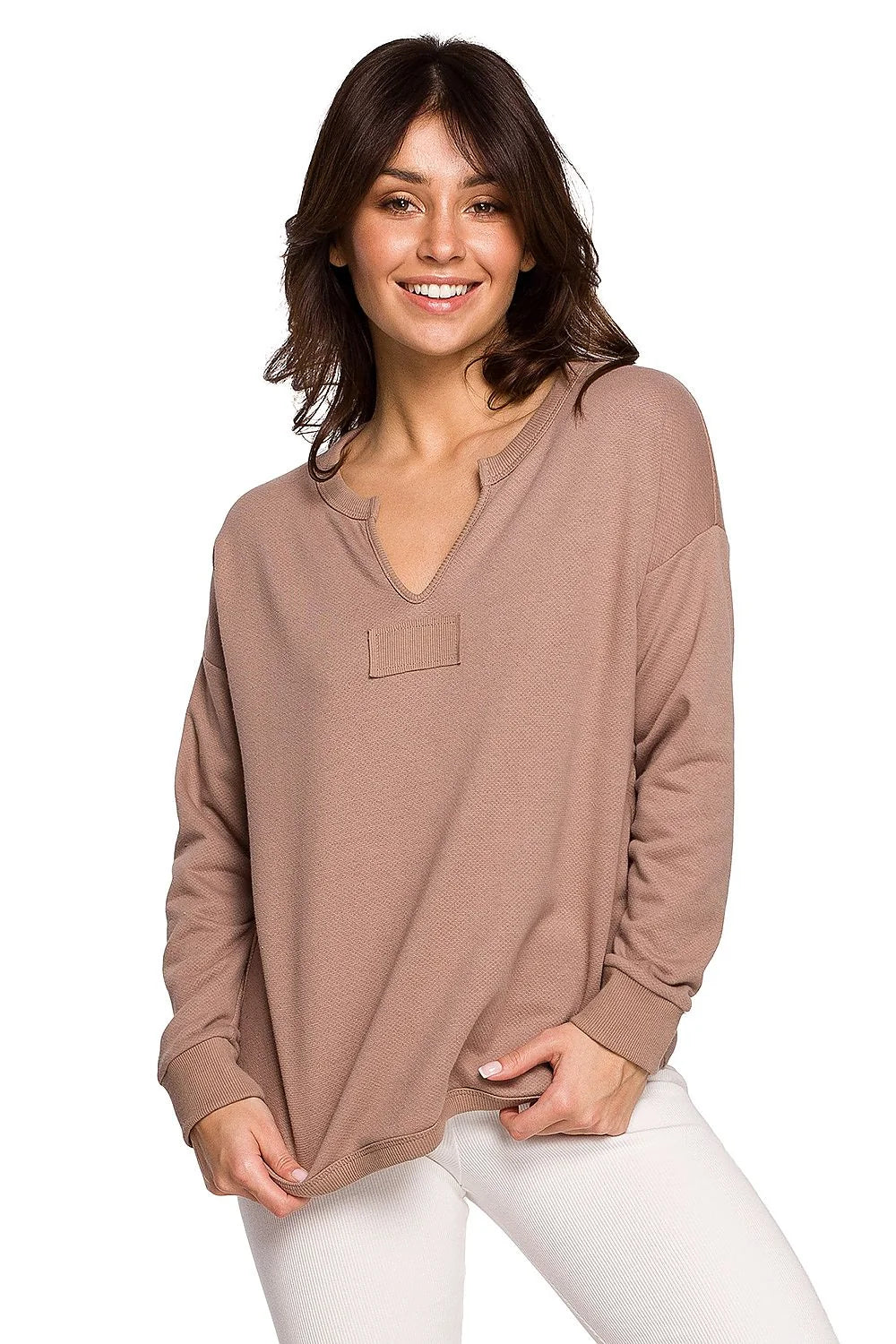 Sweatshirt femme coton coupe ample rose col V manches longues confortable style décontracté élégant