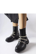Bottines pour femmes design audacieux moderne cuir noir perles rivets métalliques fermeture éclair latérale hauteur cheville confortable occasion spéciale quotidienne