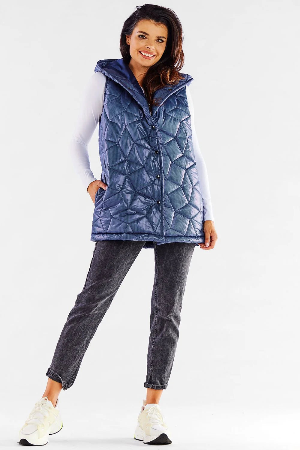 gilet matelassé femme longue capuche satiné polyester isolant léger motif losanges géométrique pressions col relevé bleu marine noir