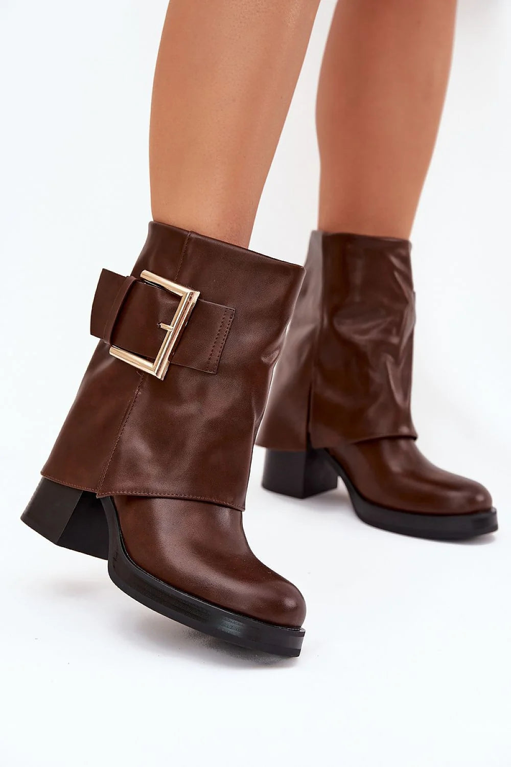 bottines femme cuir synthétique chocolat lisse talon carré hauteur 8cm plateforme noire bout rond doublure fourrure chaude confortables boucle dorée