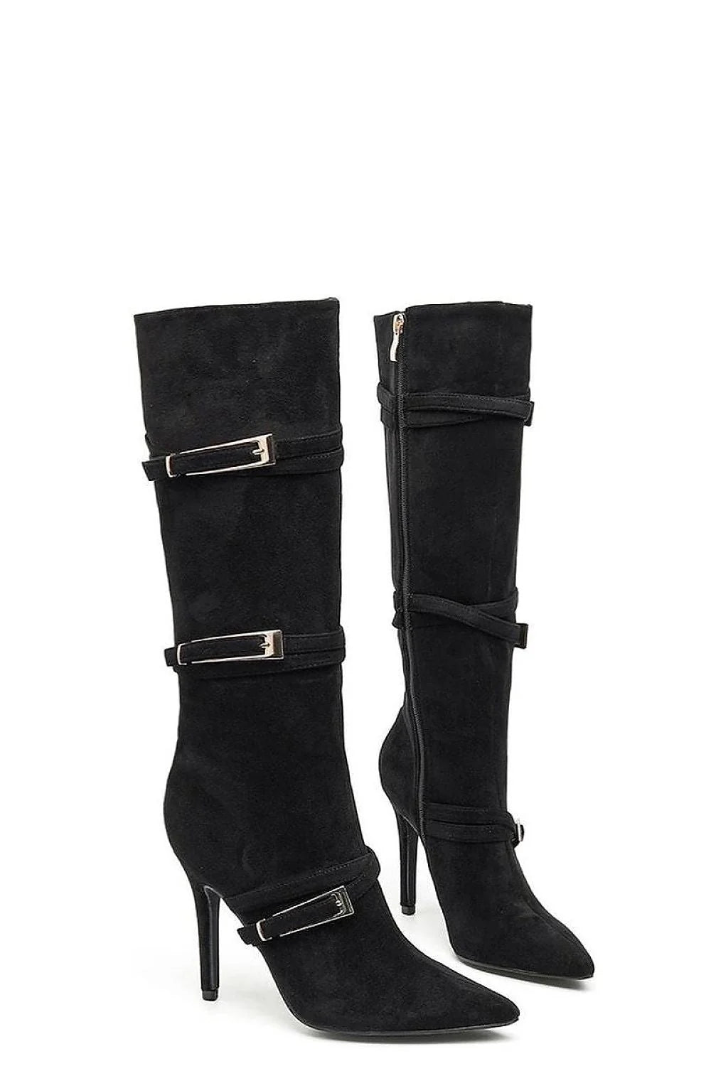 bottes hautes noires effet daim talon aiguille bout pointu silhouette fuselée élégante brides boucles dorées zippée latérale confort luxueuses Gemre