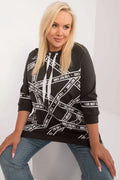Sweatshirt femme loose fit capuche coton polyester motif géométrique bandes blanches I DO NOT CARE manches 3/4 finitions côtelées occasion décontractée style audacieux