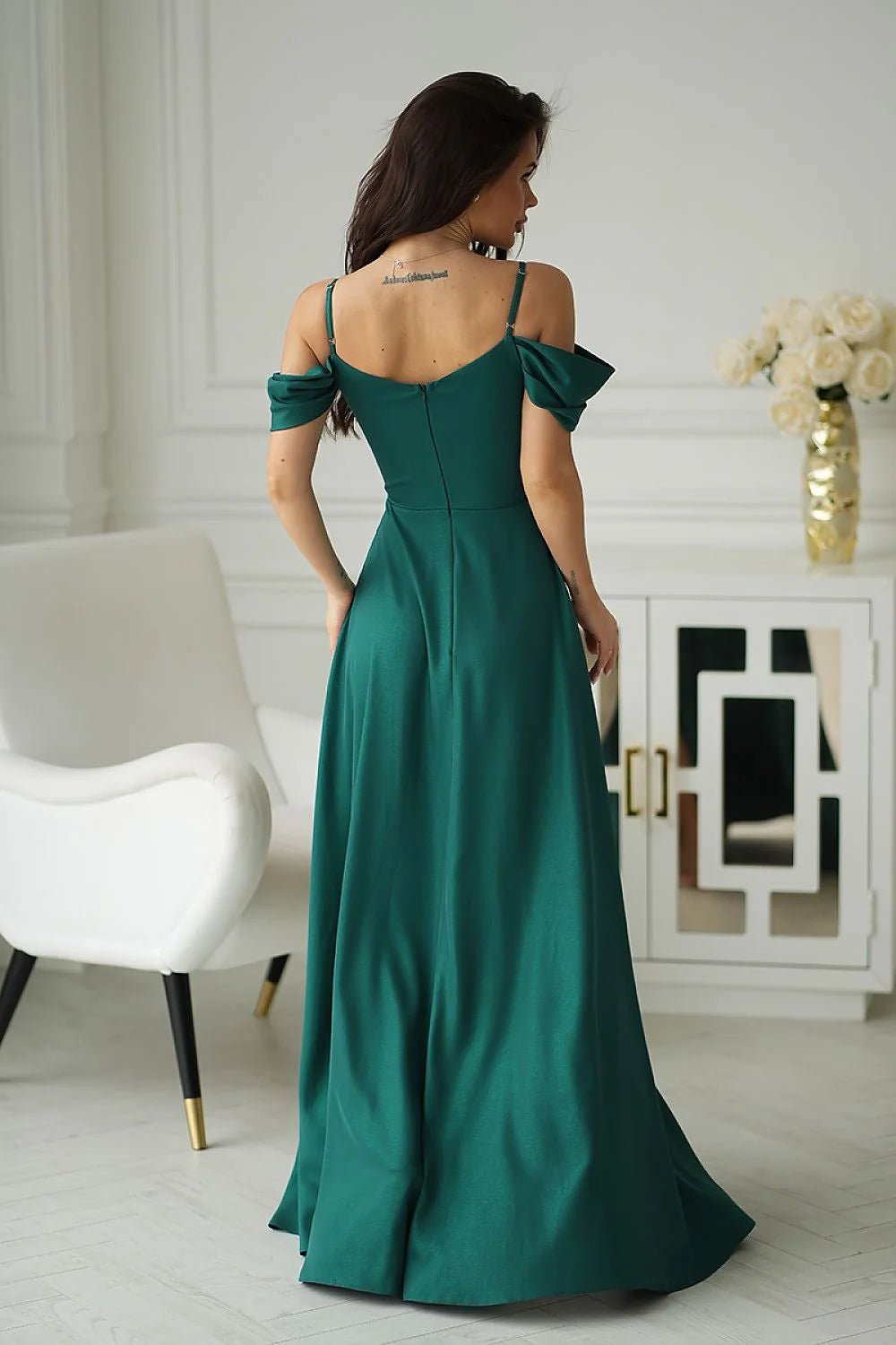 Robe longue élégante vert émeraude manches tombantes fente haute dos nu ajusté femmes soirée mariage