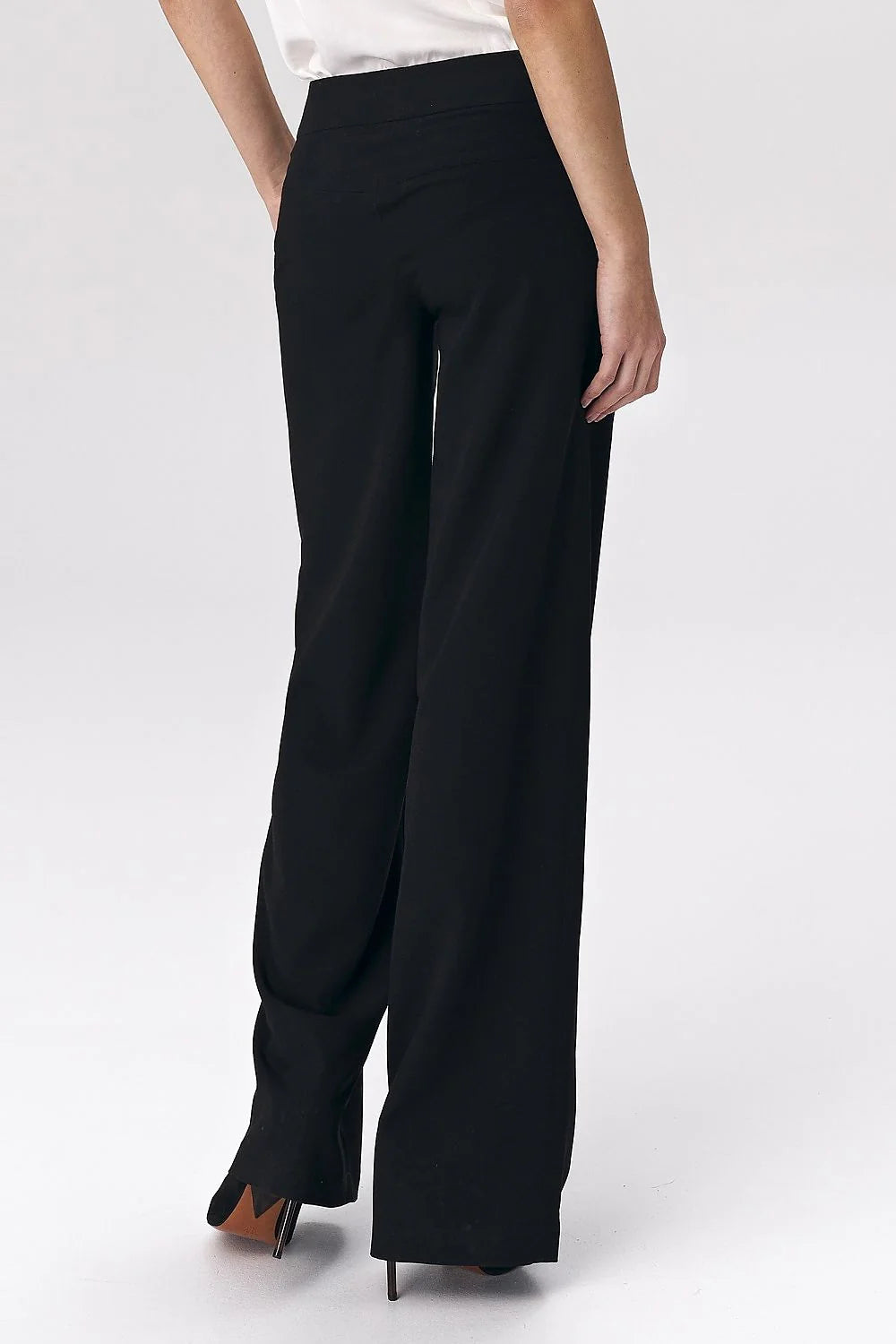 Pantalon palazzo noir en laine mélangée, coupe large élégante pour bureau et occasions spéciales