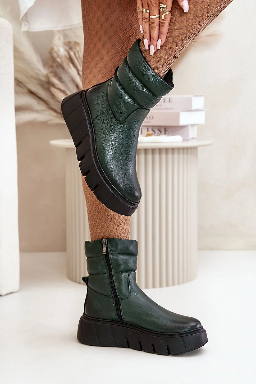 Bottes cothurnes Step in style cuir naturel vert foncé plateforme talon compensé femmes automne hiver
