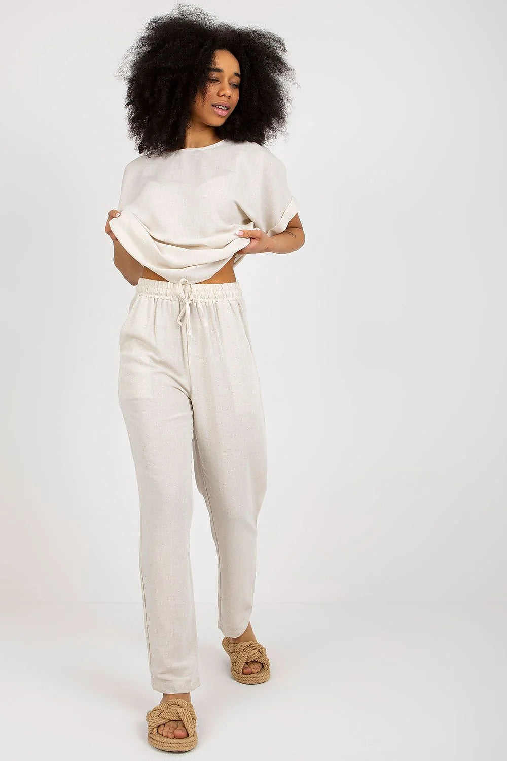 Ensemble Rue Paris été élégant décontracté femmes crème coton lin viscose manches courtes encolure ronde pantalon droit