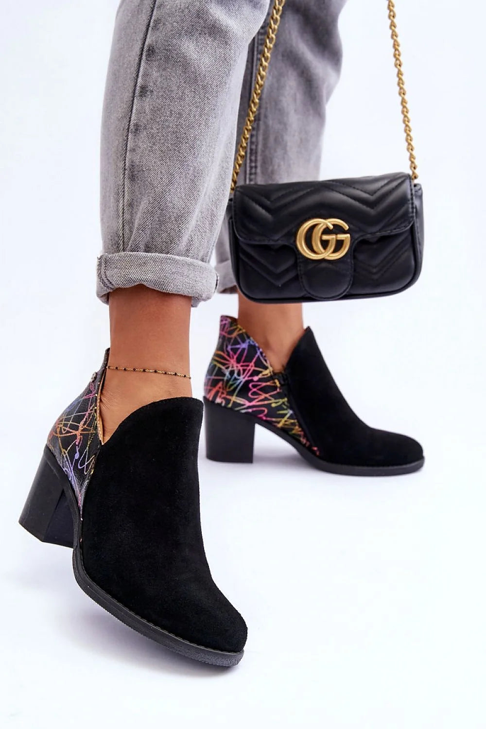 Bottes à talons carrés Step in style cuir nubuck noir motif coloré hauteur 10 cm confortable femmes