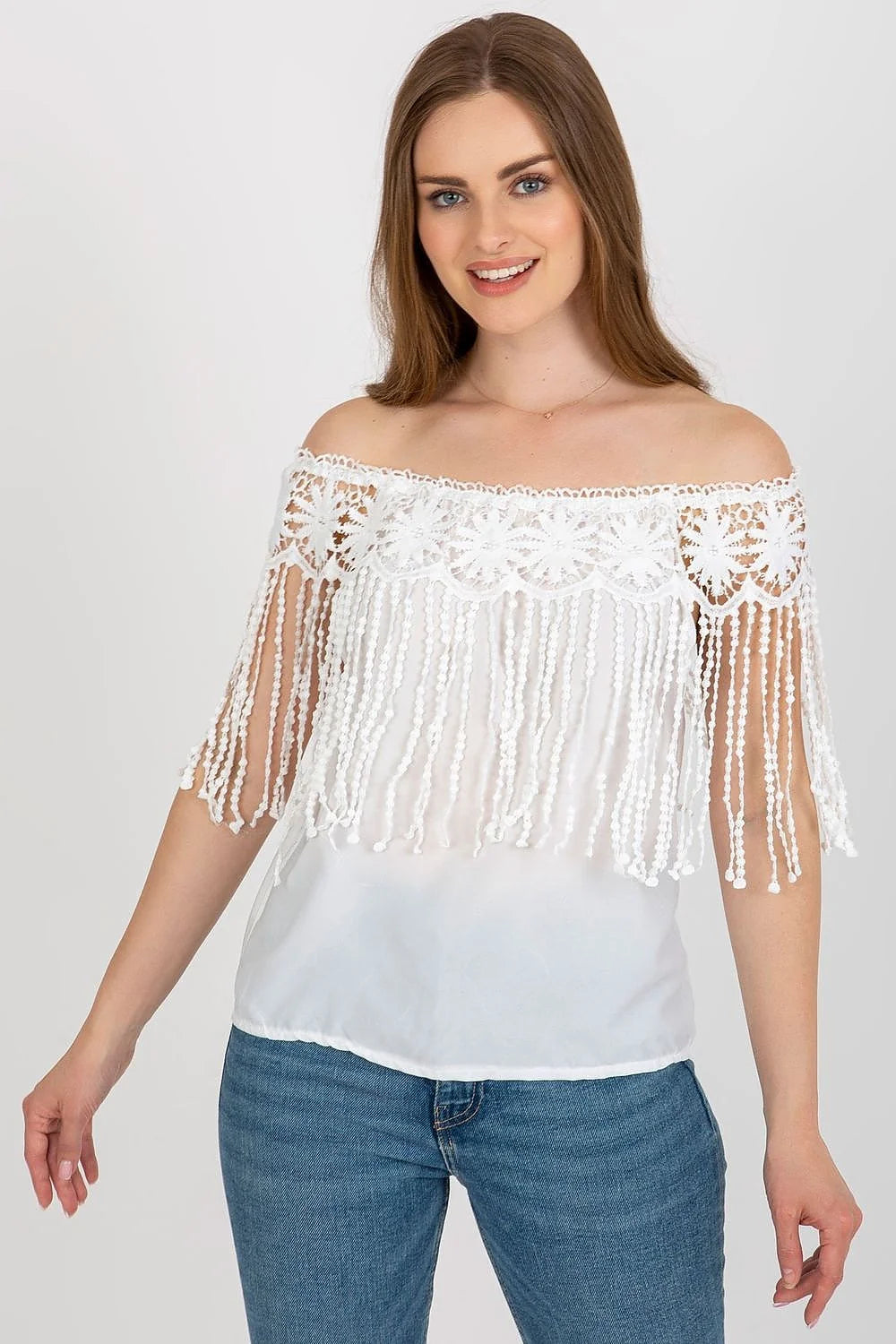 Chemisier d'été encolure espagnole dentelle franges coton polyester femme style bohème chic occasion estivale