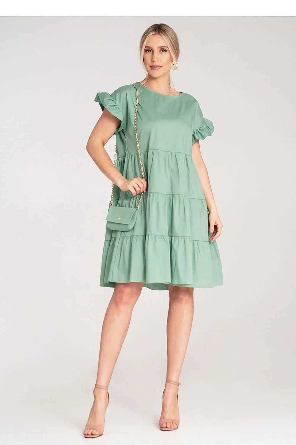 Robe de jour Figl verte menthe mini volants manches courtes en coton élasthanne taille S/M femme occasion estivale